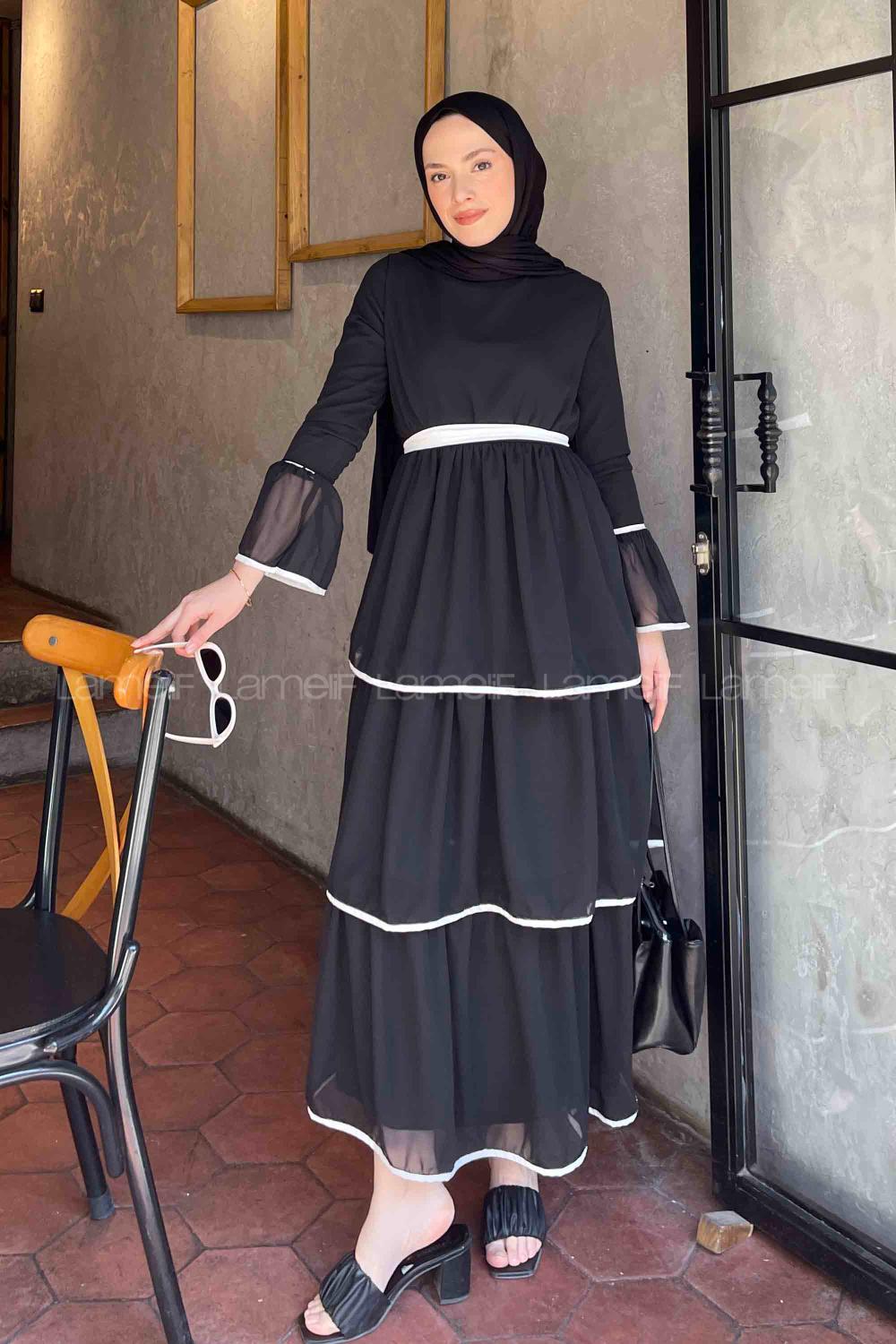 Black Medium Crew Neck Cotton Fabric Unprinted Dresess