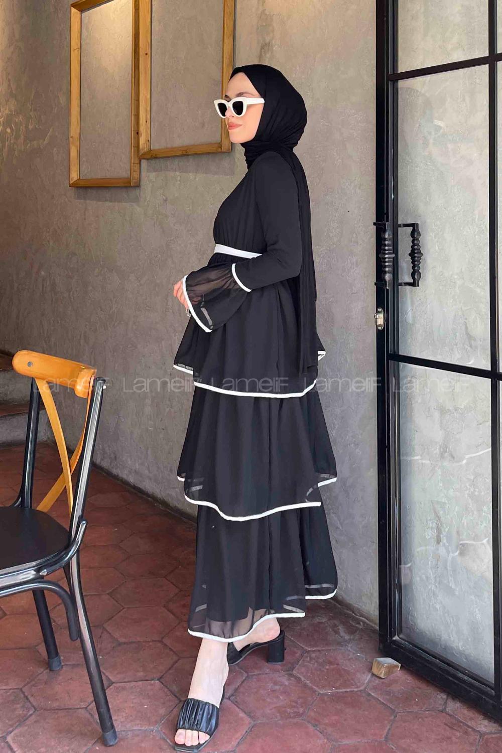 Black Medium Crew Neck Cotton Fabric Unprinted Dresess