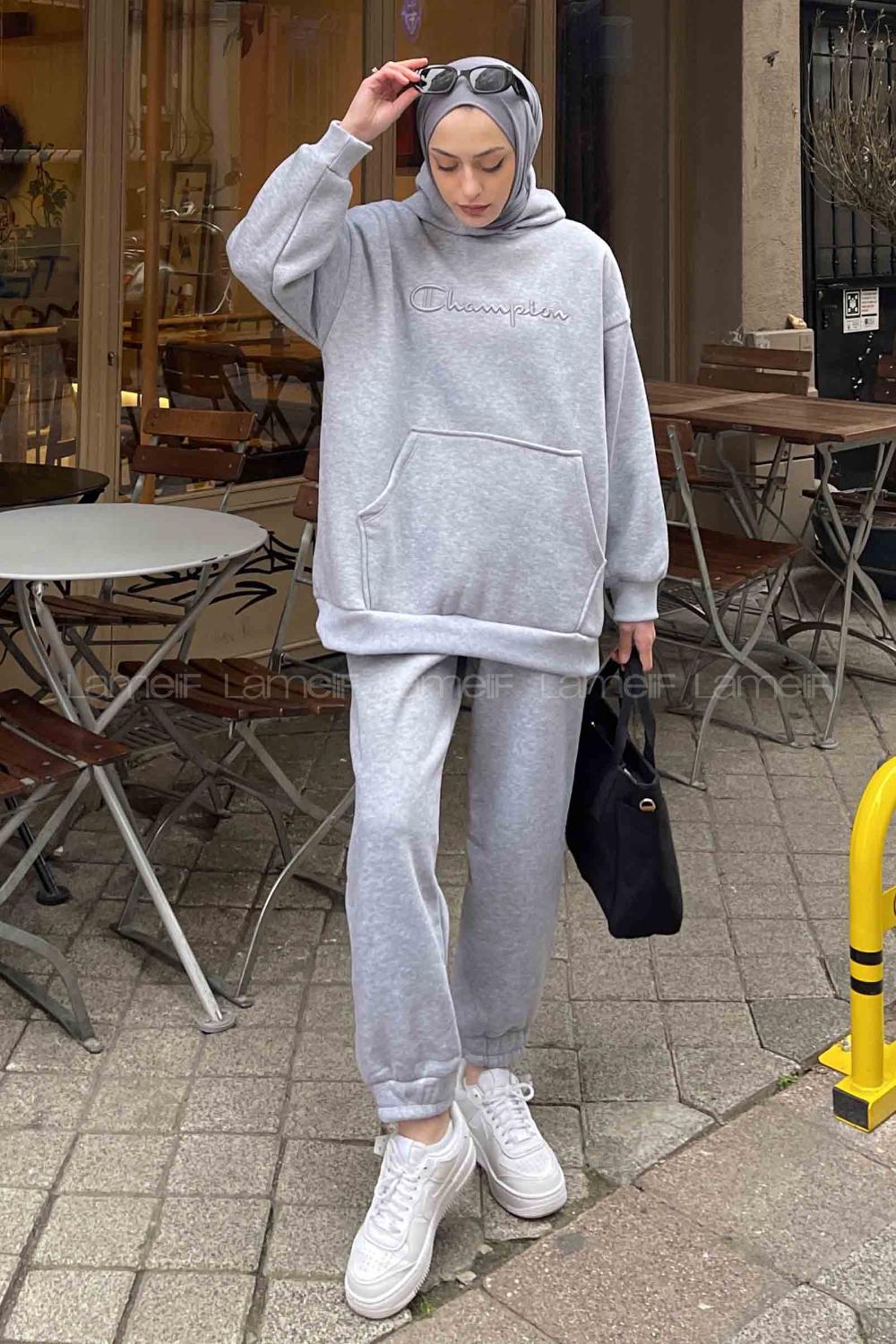 Gray Hood Neck Long Arm Without Accessories Two Threads Regular Trousers Comfortable Suit