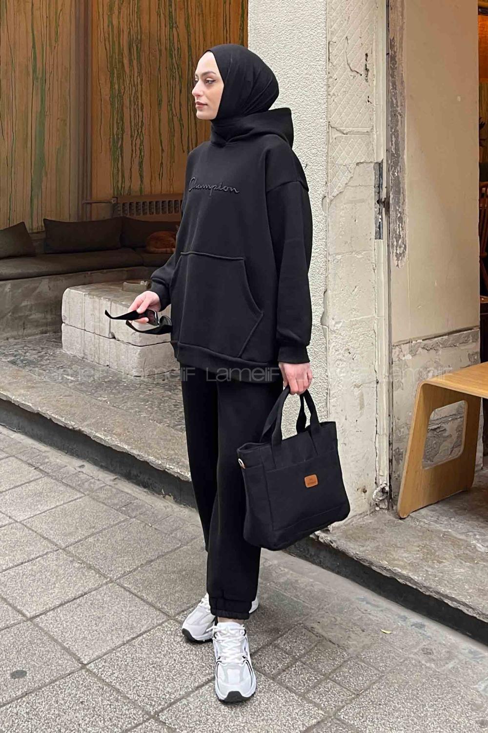 Black Hood Neck Long Arm Without Accessories Two Threads Regular Trousers Comfortable Suit
