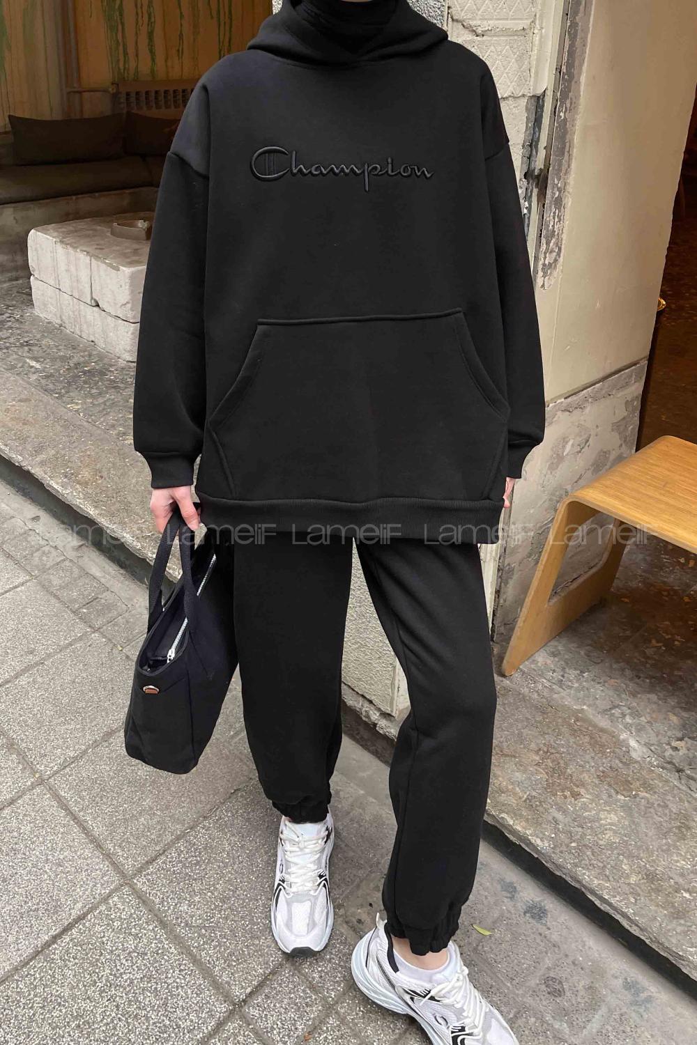 Black Hood Neck Long Arm Without Accessories Two Threads Regular Trousers Comfortable Suit