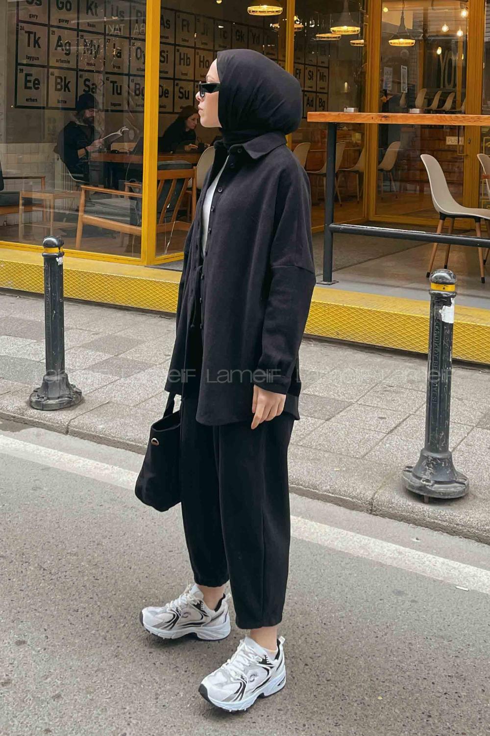 Black Shirt Collar Long Arm Buttoned Cotton Regular Trousers Comfortable Suit