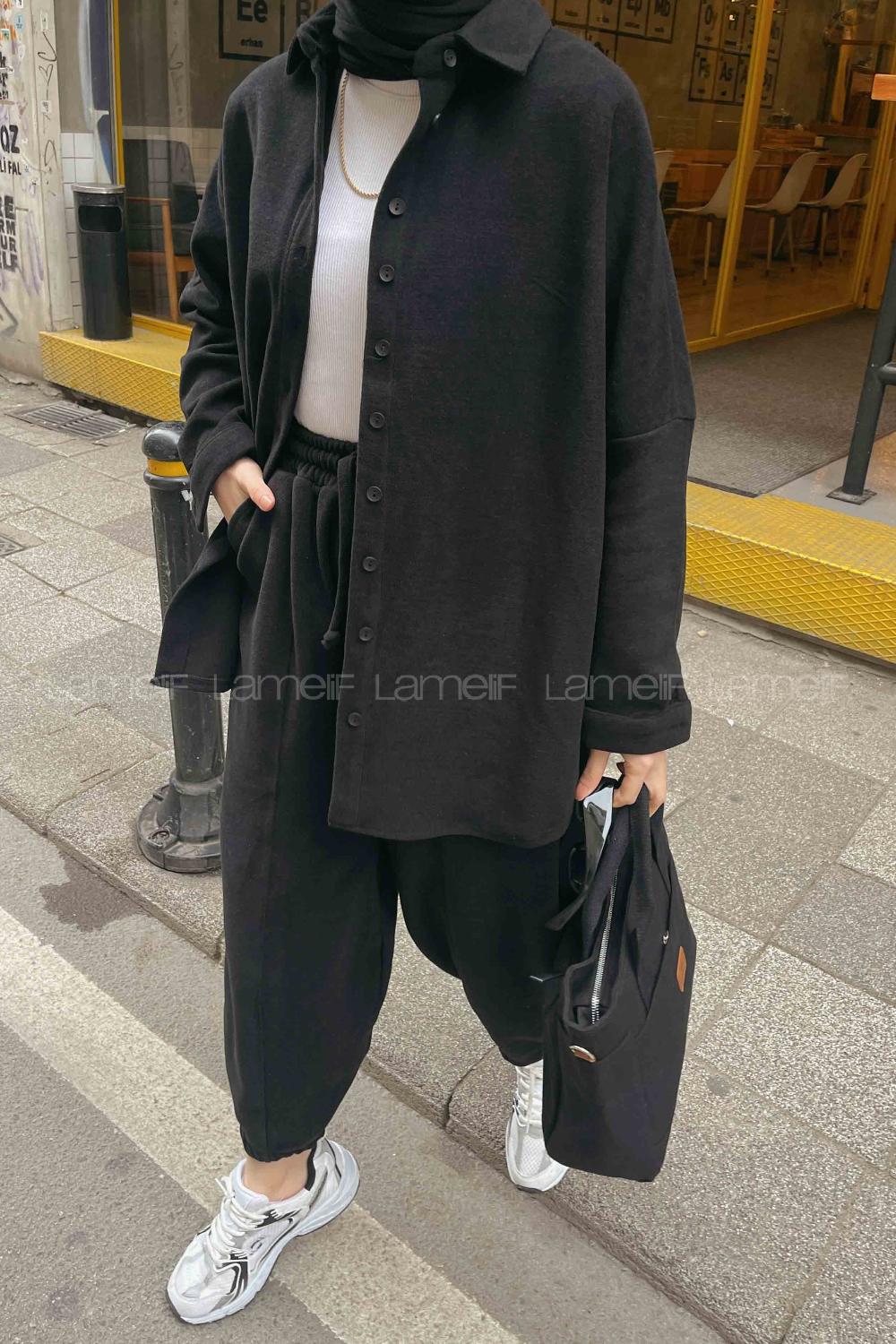 Black Shirt Collar Long Arm Buttoned Cotton Regular Trousers Comfortable Suit