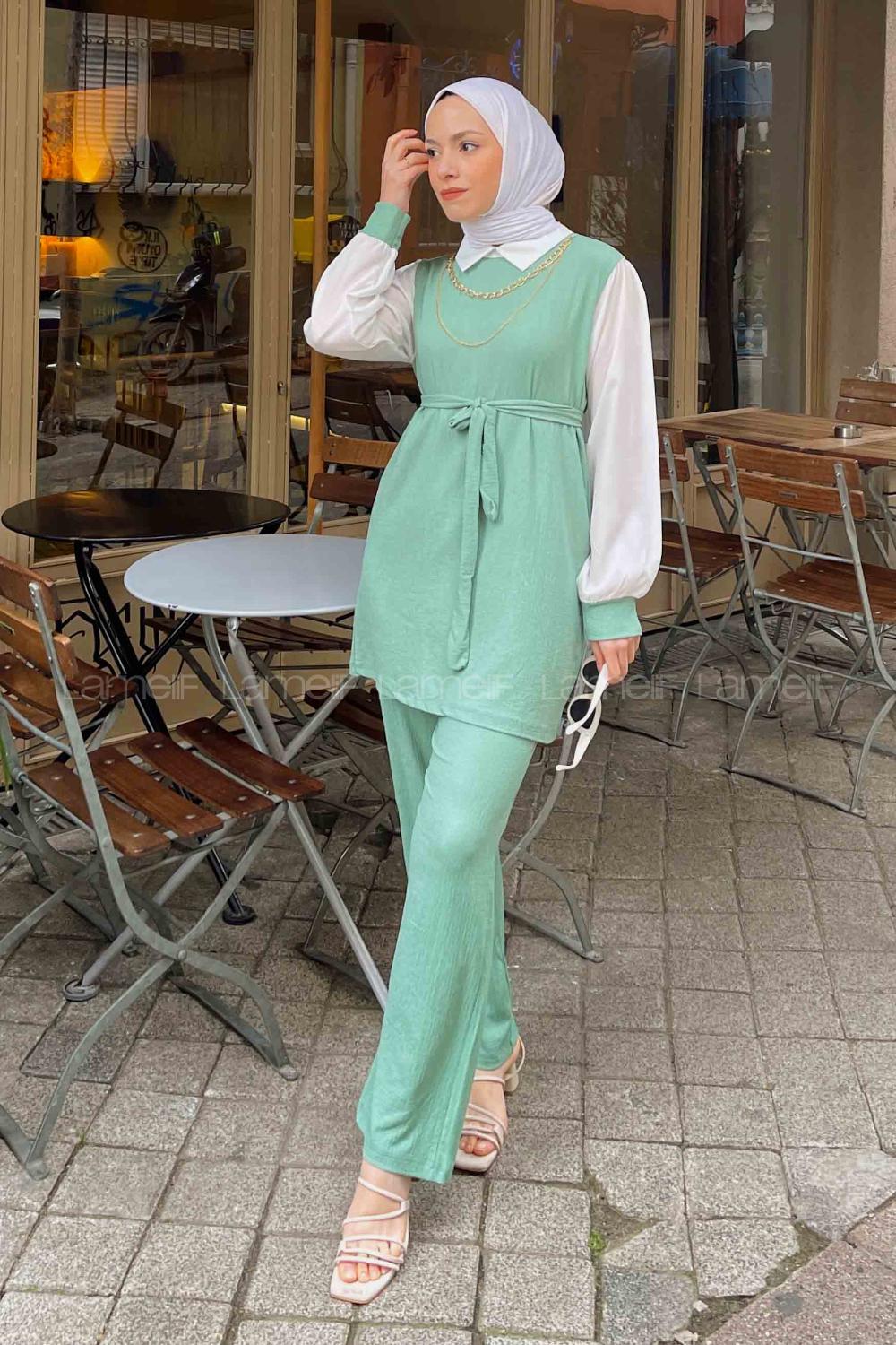 Cagla Green-1 Shirt Collar Long Arm With Necklace Cotton Trousers Comfortable Suit
