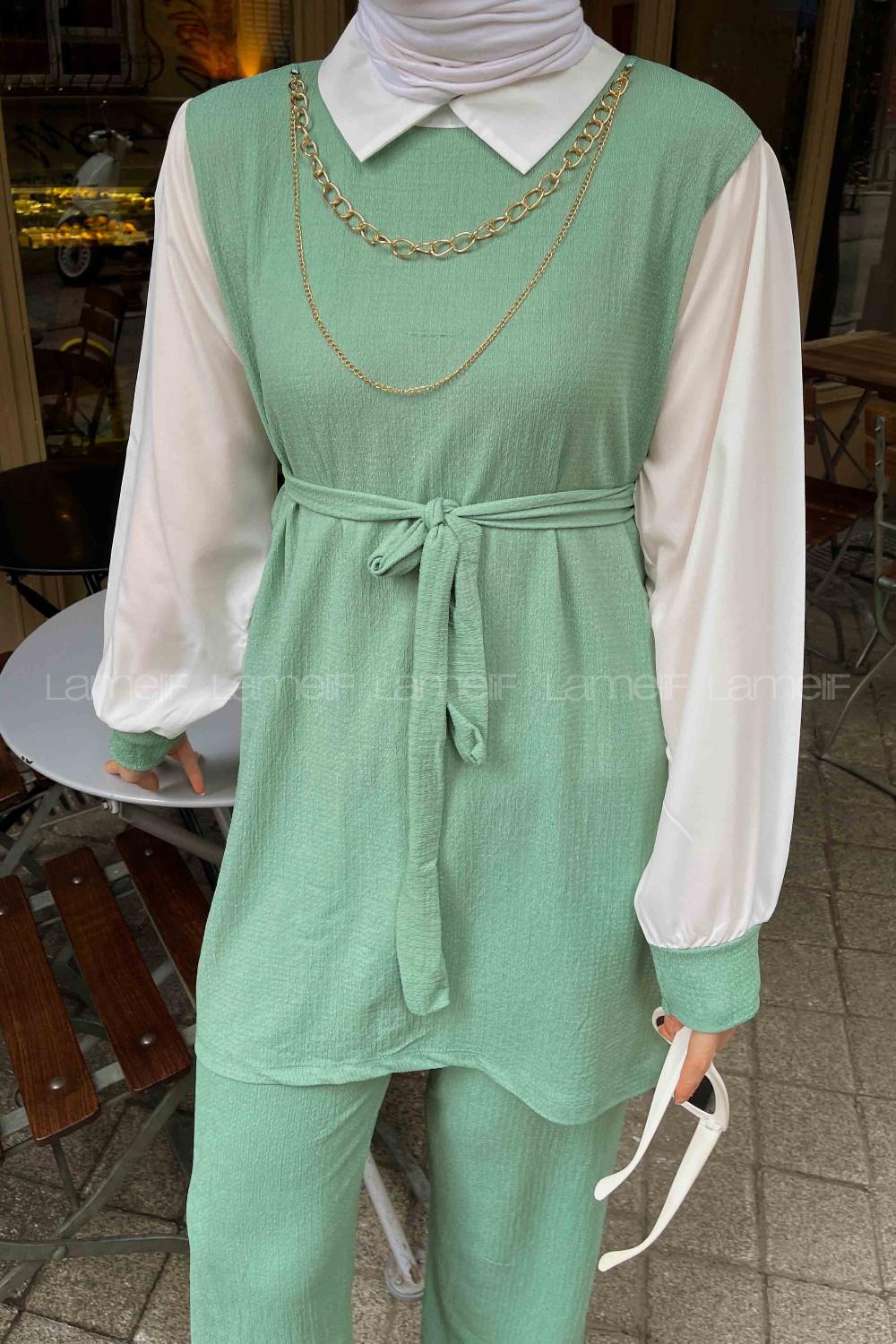 Cagla Green-1 Shirt Collar Long Arm With Necklace Cotton Trousers Comfortable Suit