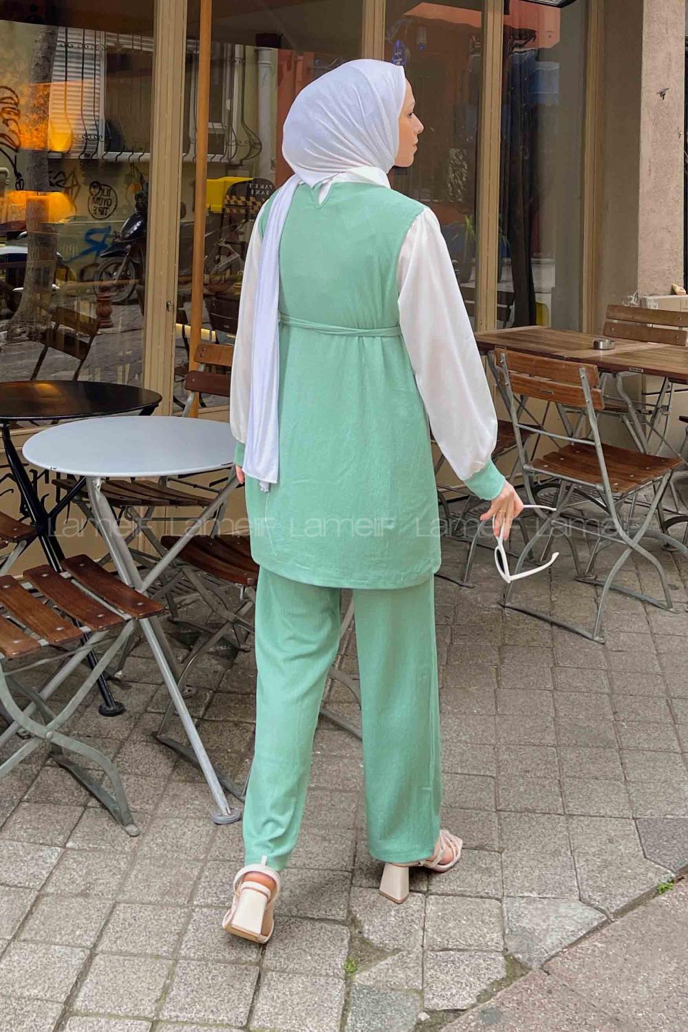 Cagla Green-1 Shirt Collar Long Arm With Necklace Cotton Trousers Comfortable Suit