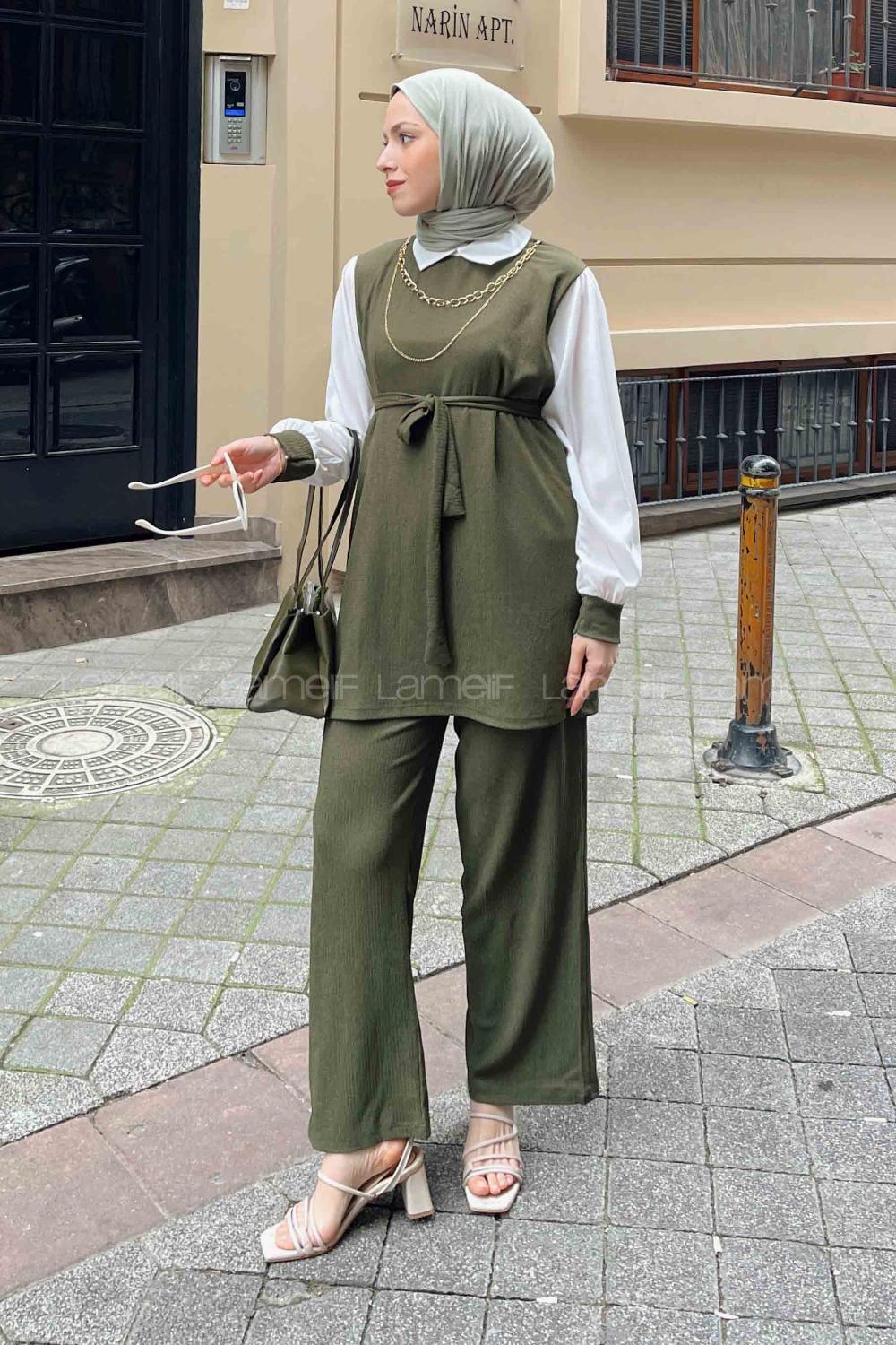 Khaki Shirt Collar Long Arm With Necklace Cotton Trousers Comfortable Suit
