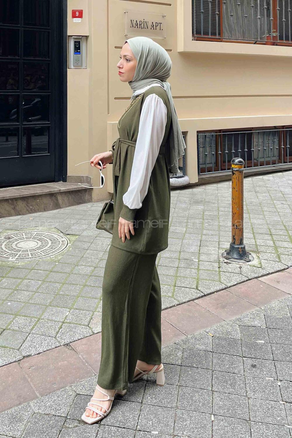 Khaki Shirt Collar Long Arm With Necklace Cotton Trousers Comfortable Suit