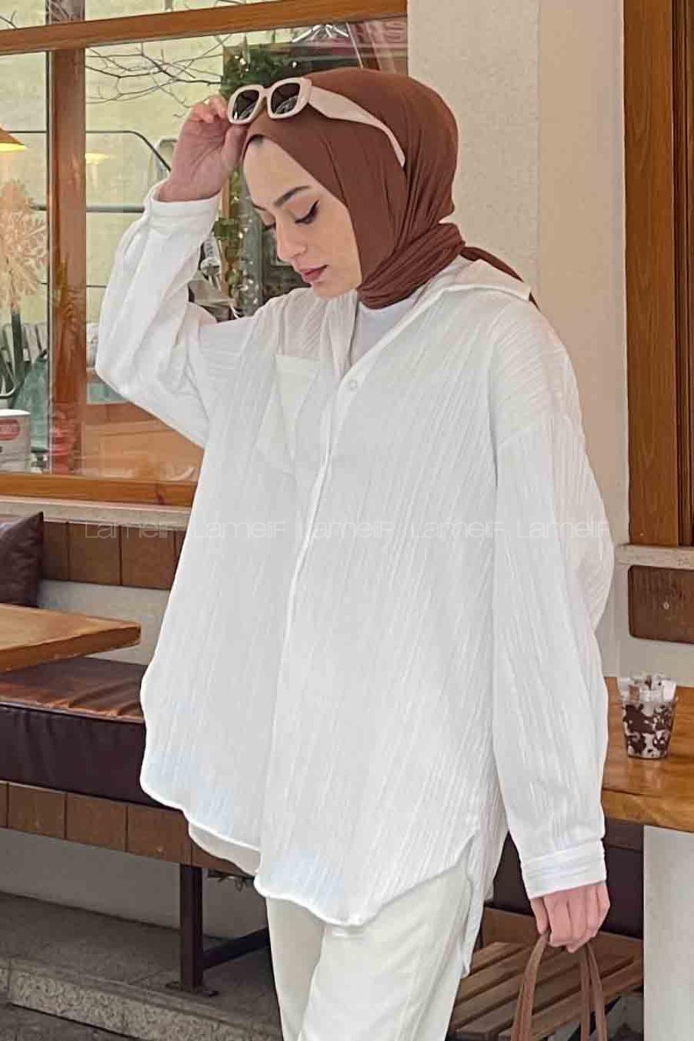Lamelif Kraşlı Gömlek Beyaz