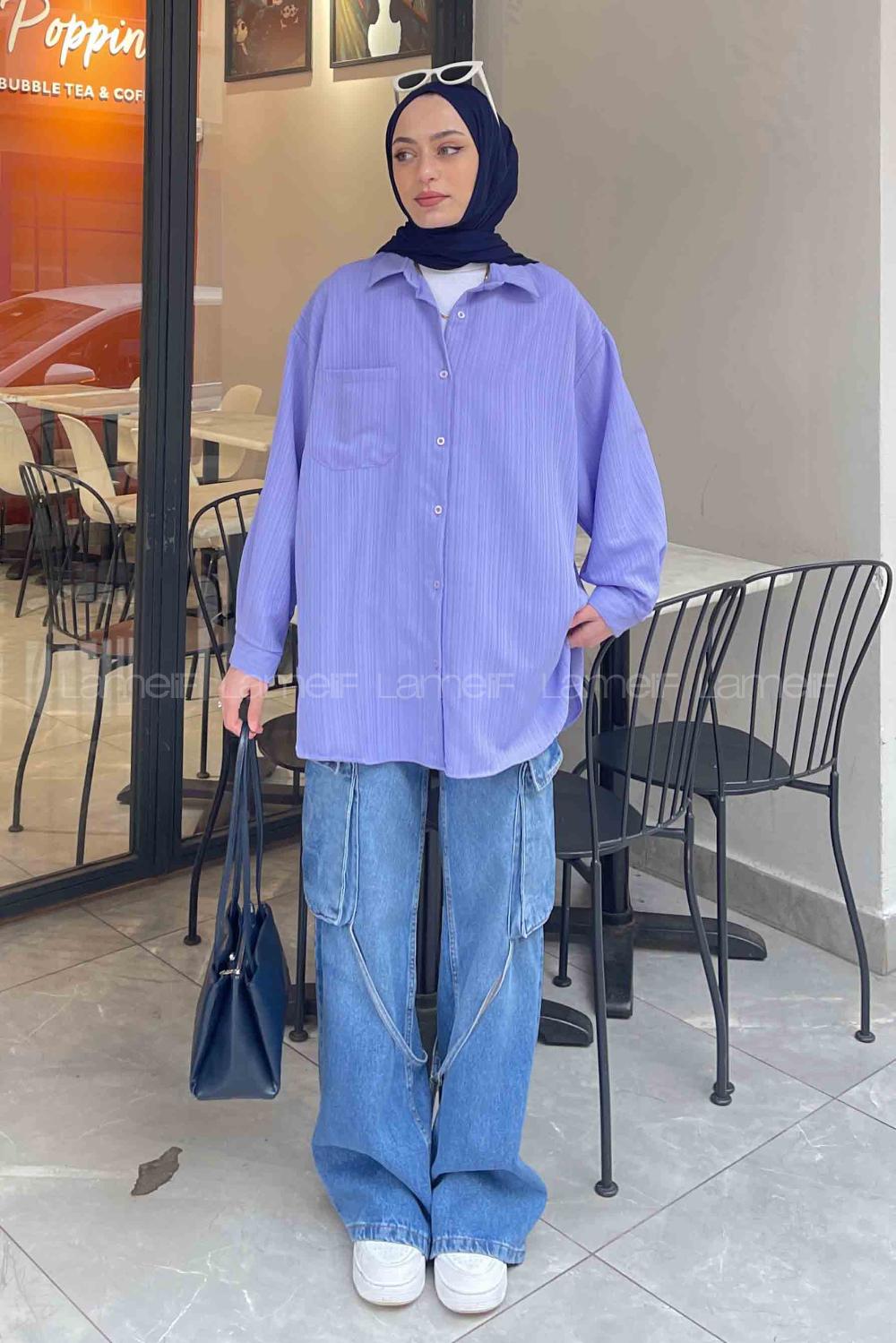 Lilac Shirt Collar Long Arm Viscose Fabric Unprinted Shirt