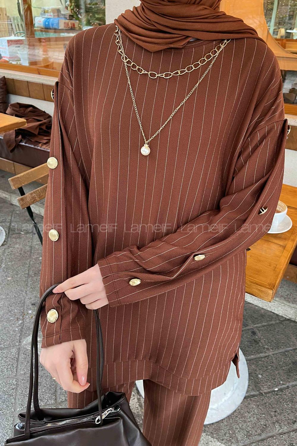 Bitter Brown Medium Crew Neck Long Arm With Necklace Crepe Fabric Comfortable Suit