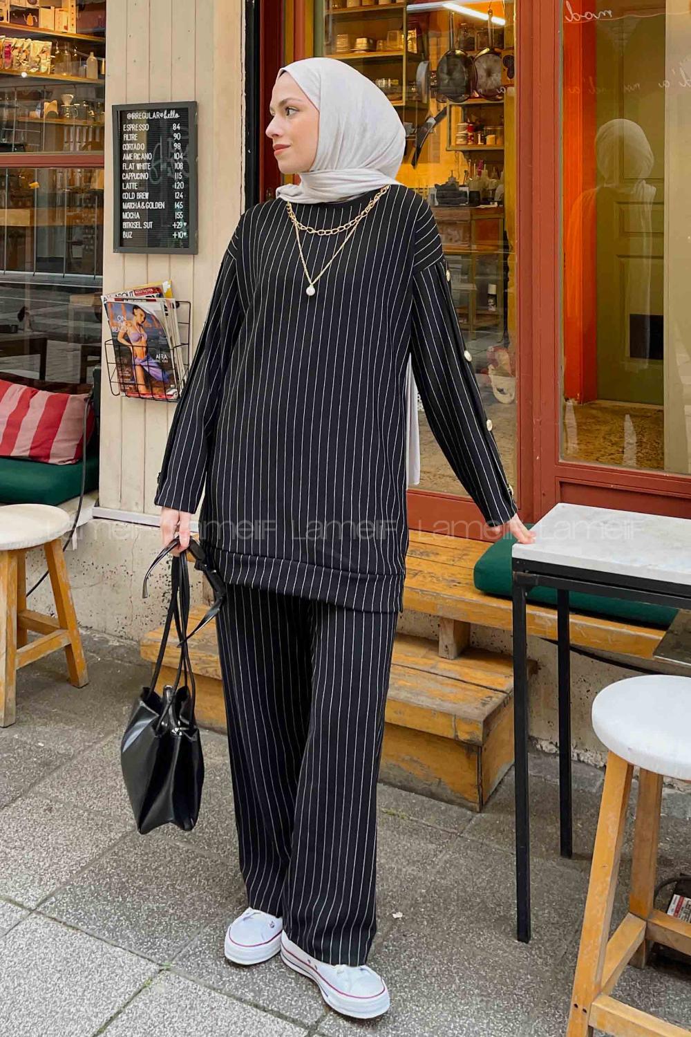 Black Medium Crew Neck Long Arm With Necklace Crepe Fabric Comfortable Suit