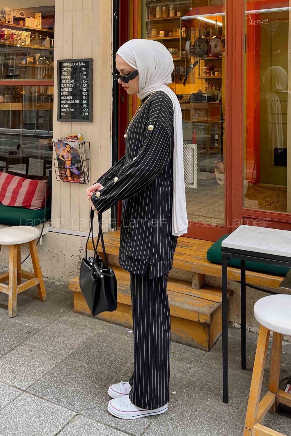 Black Medium Crew Neck Long Arm With Necklace Crepe Fabric Comfortable Suit