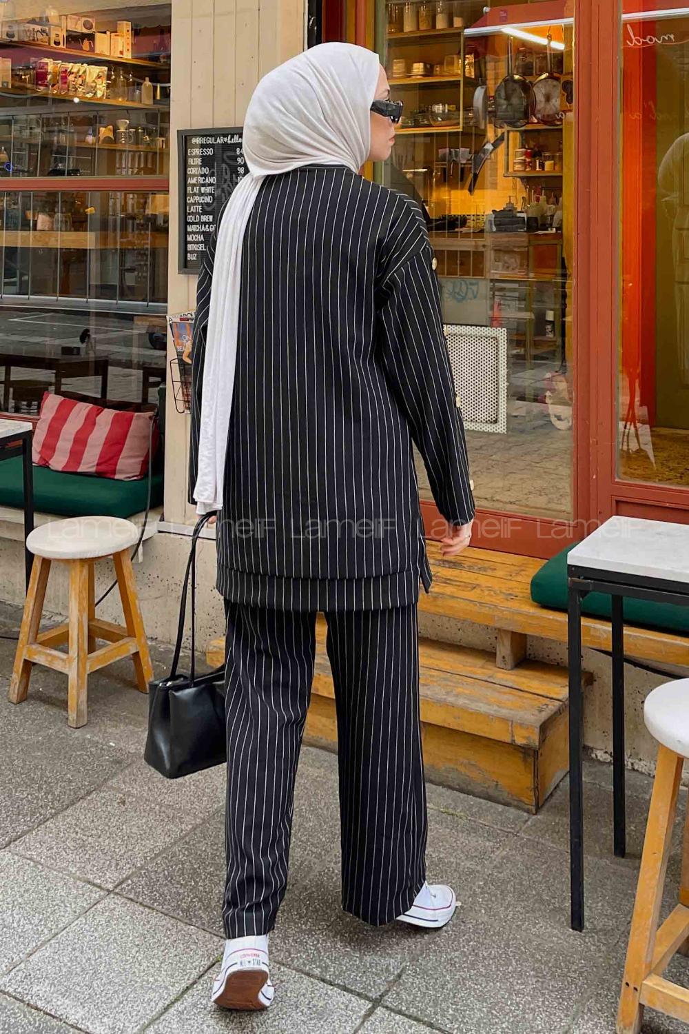 Black Medium Crew Neck Long Arm With Necklace Crepe Fabric Comfortable Suit