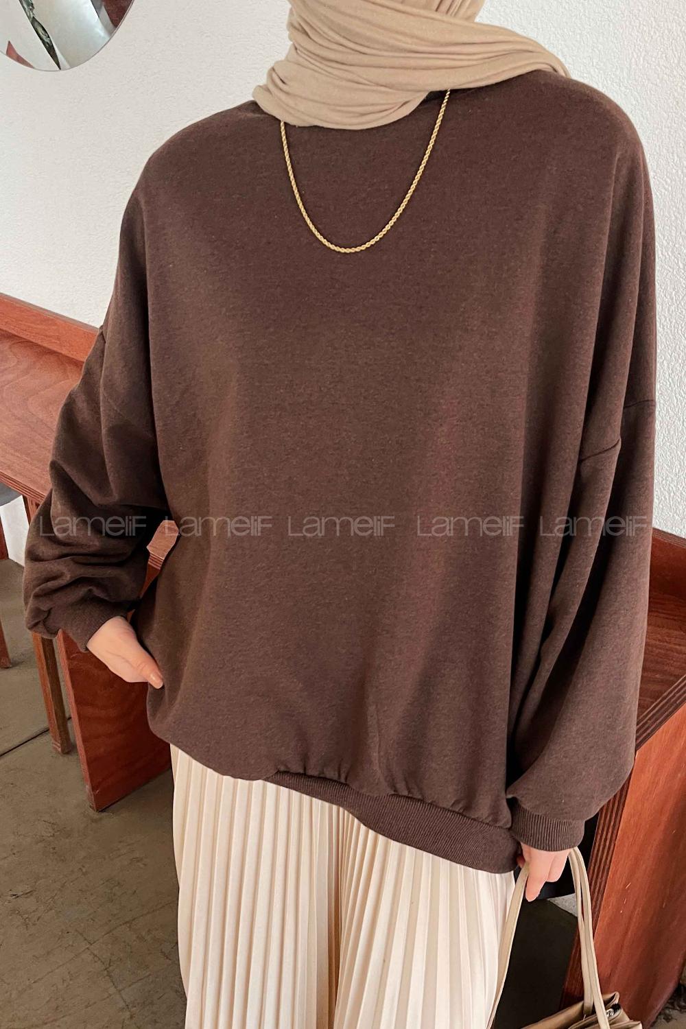 Lamelif Balon Kol Yaka Ve Etek Ucu Manşetli Bol Sweat Acı Kahve