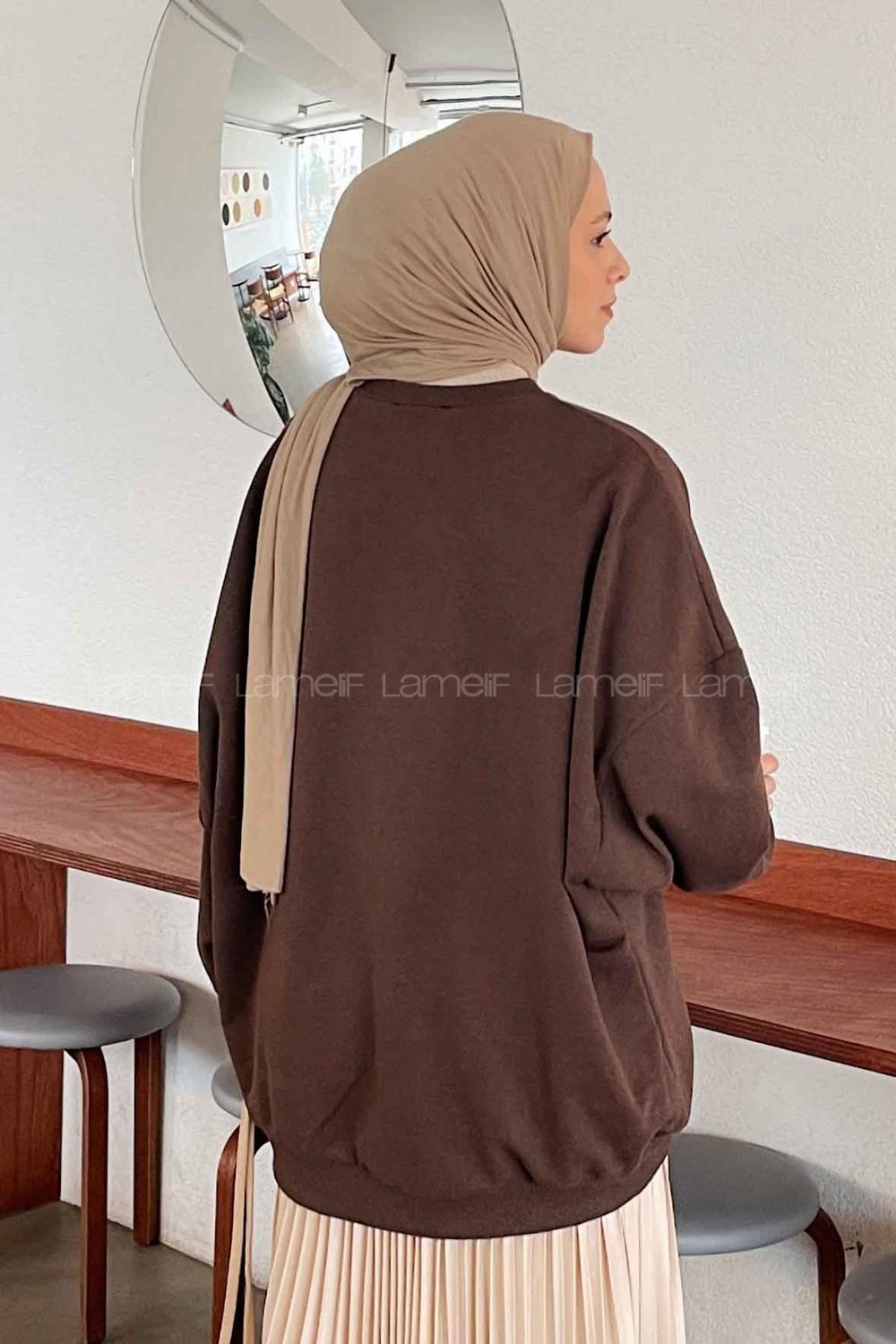 Lamelif Balon Kol Yaka Ve Etek Ucu Manşetli Bol Sweat Acı Kahve