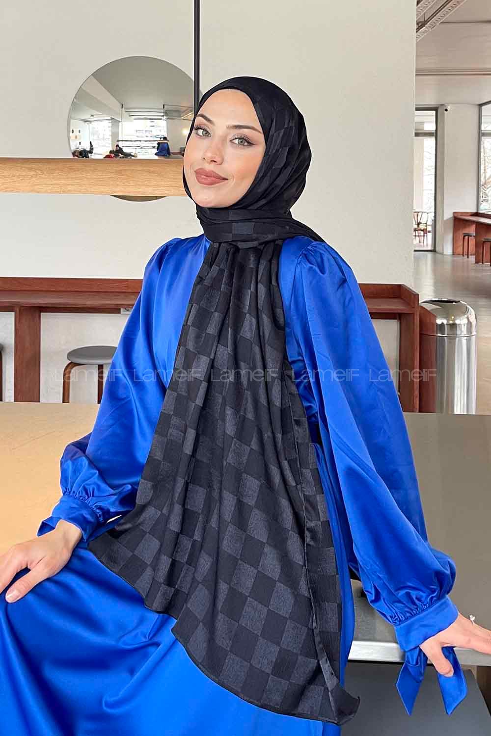 Lamelif Dama Desen Jakar Şal Koyu Lacivert