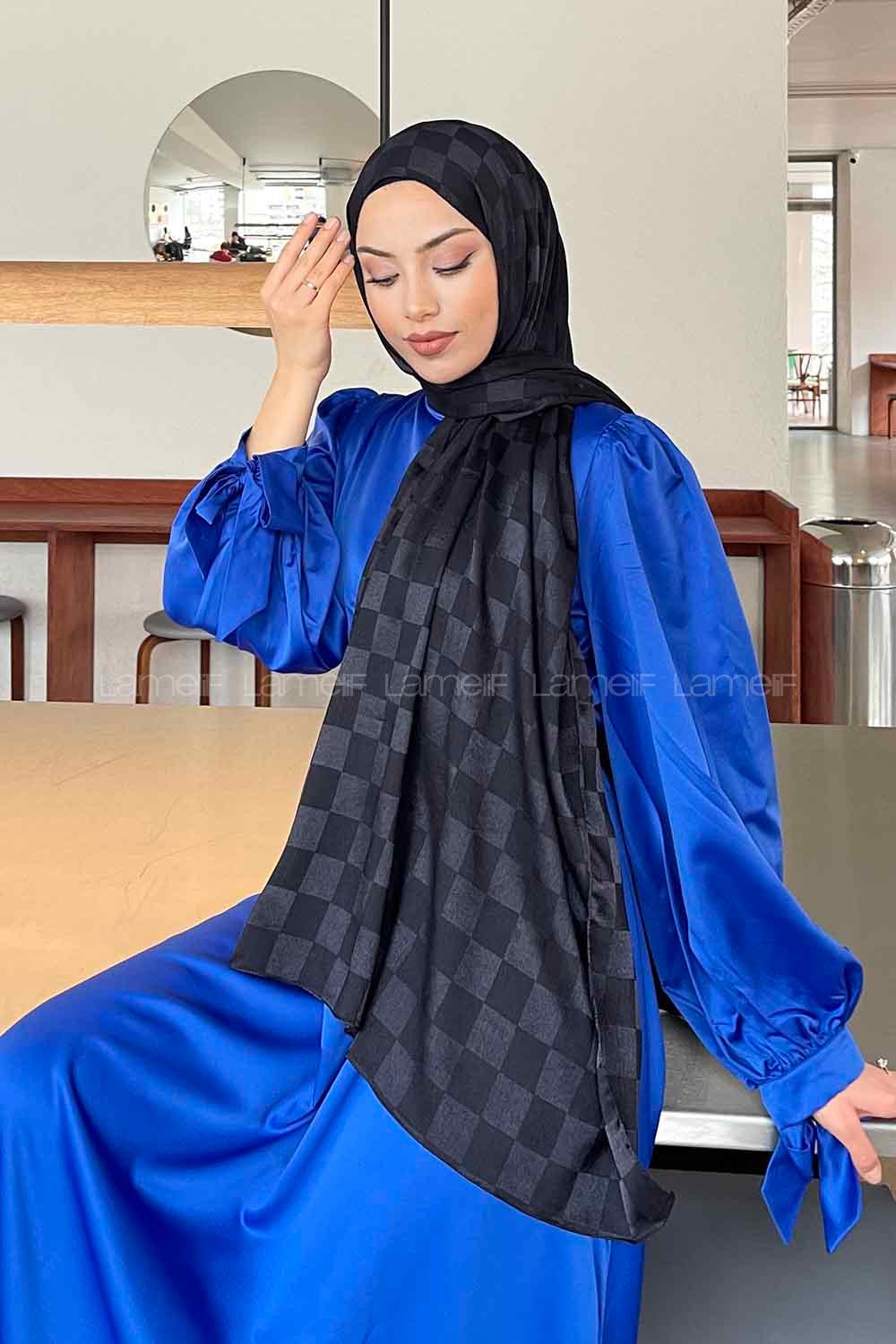 Lamelif Dama Desen Jakar Şal Koyu Lacivert