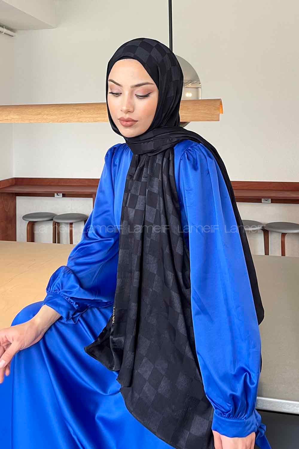 Lamelif Dama Desen Jakar Şal Koyu Lacivert