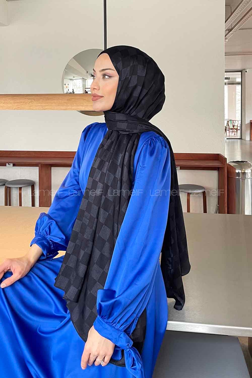 Lamelif Dama Desen Jakar Şal Koyu Lacivert