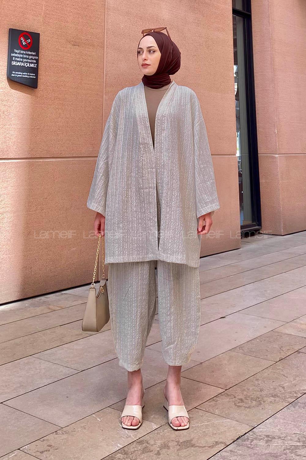 Lamelif Kimono İkili Tesettür Takım Krem