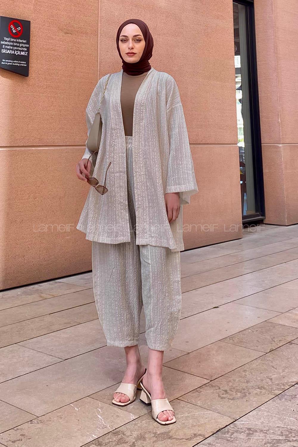 Lamelif Kimono İkili Tesettür Takım Krem