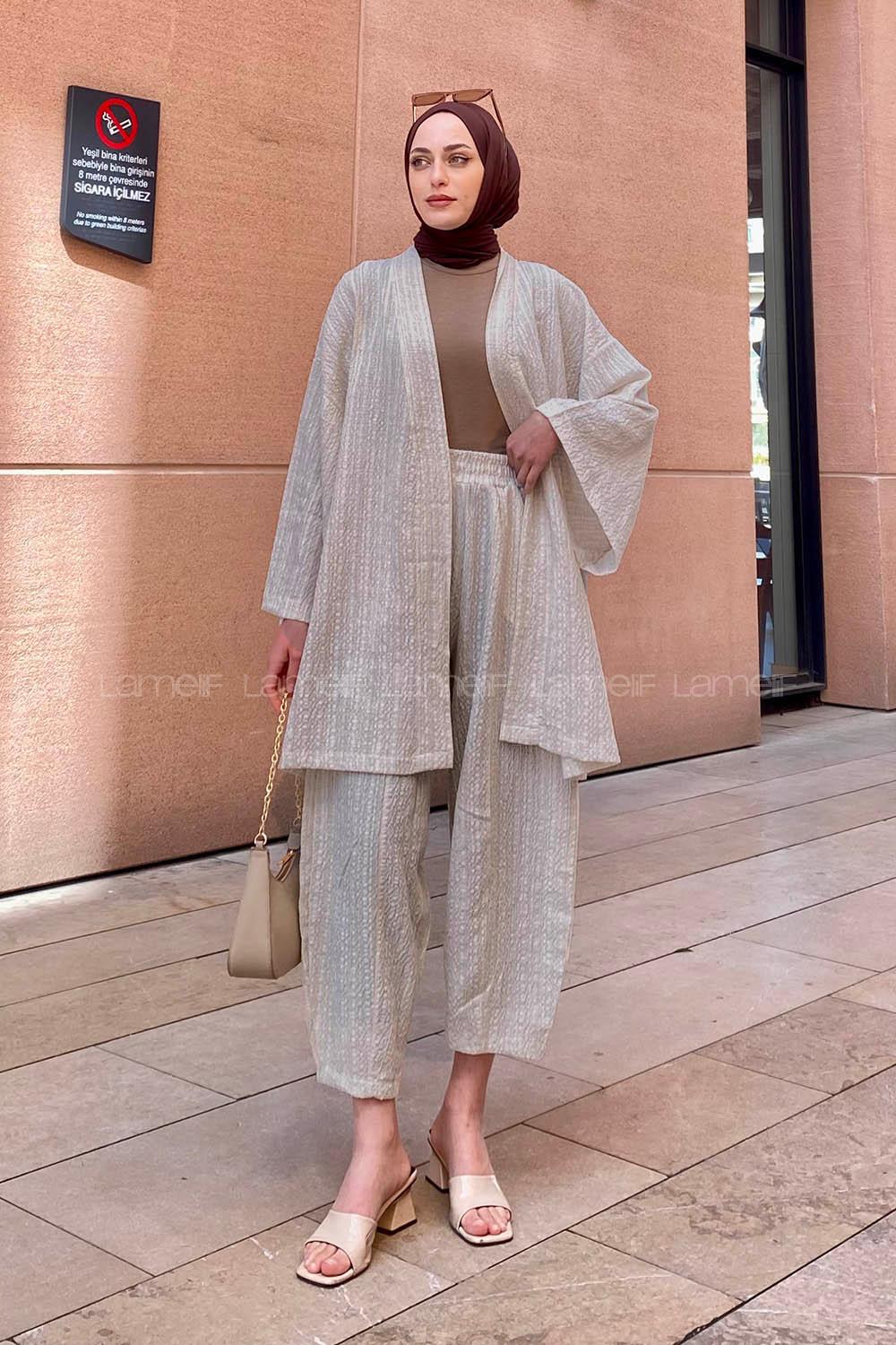 Lamelif Kimono İkili Tesettür Takım Krem