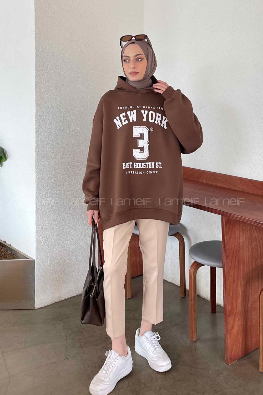 Brown Hood Neck Long Arm Printed Sweatshirt