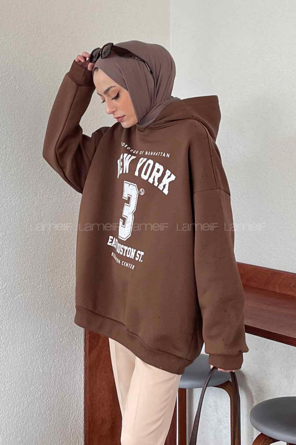 Brown Hood Neck Long Arm Printed Sweatshirt