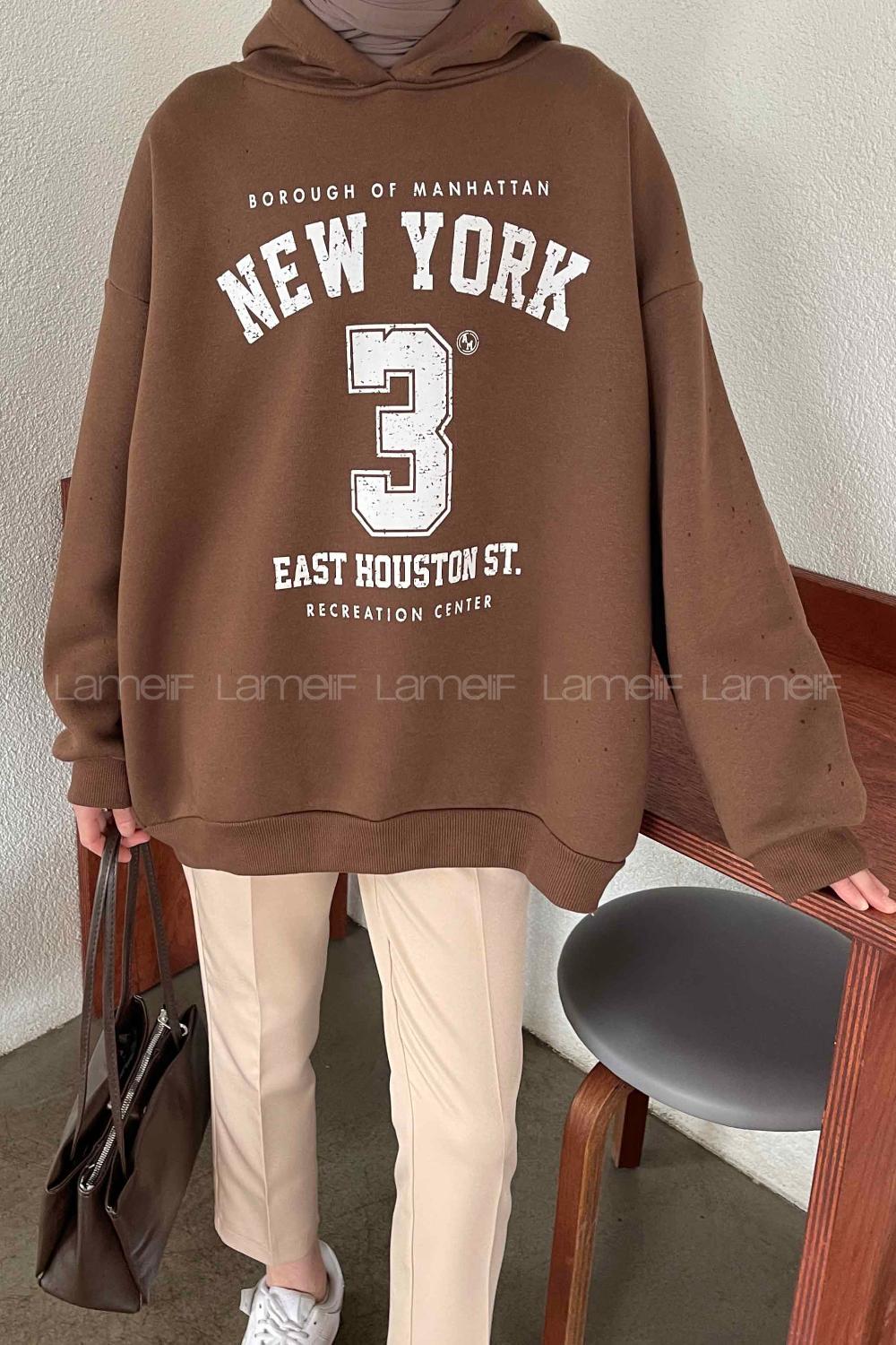 Brown Hood Neck Long Arm Printed Sweatshirt