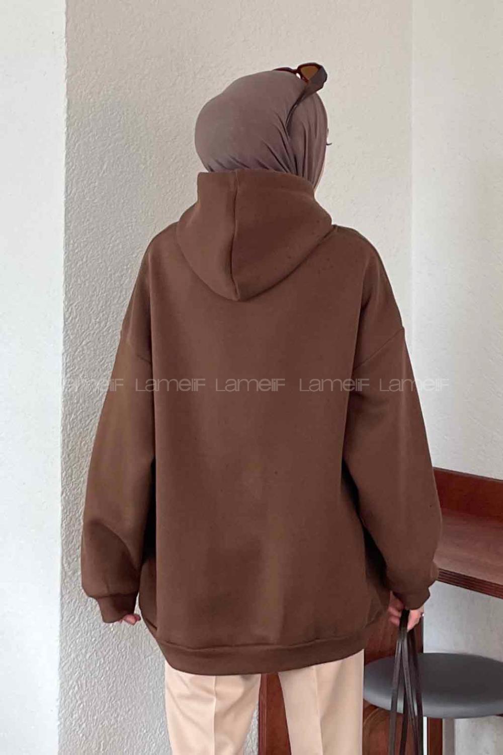 Brown Hood Neck Long Arm Printed Sweatshirt