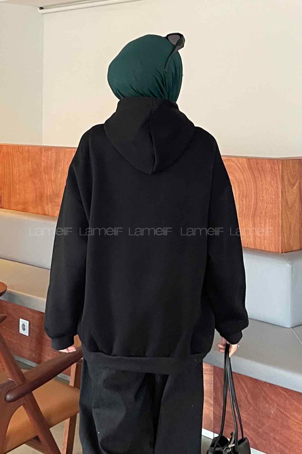 Black Hood Neck Long Arm Printed Sweatshirt