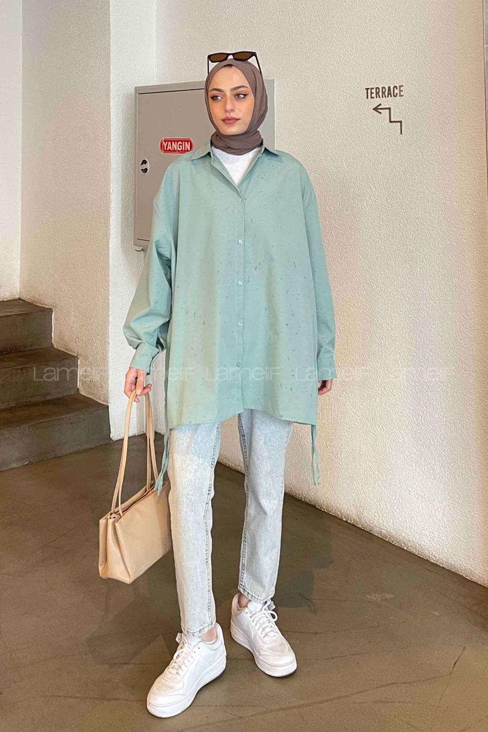 Mint Green Shirt Collar Long Arm Cotton Unprinted Shirt