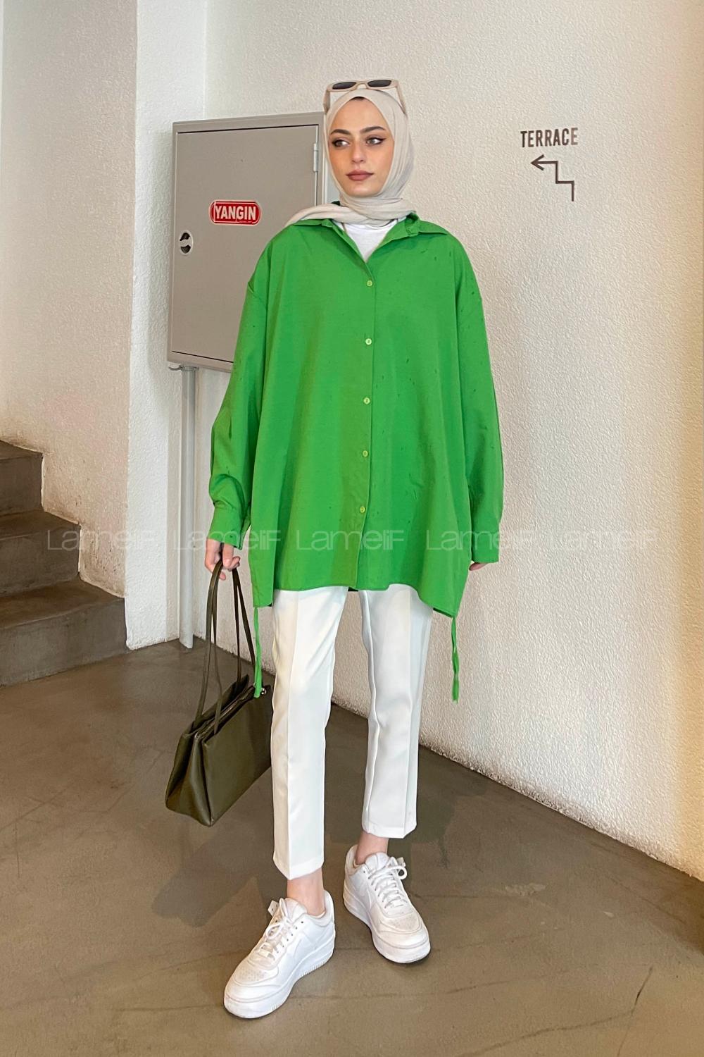 Green Shirt Collar Long Arm Cotton Unprinted Shirt