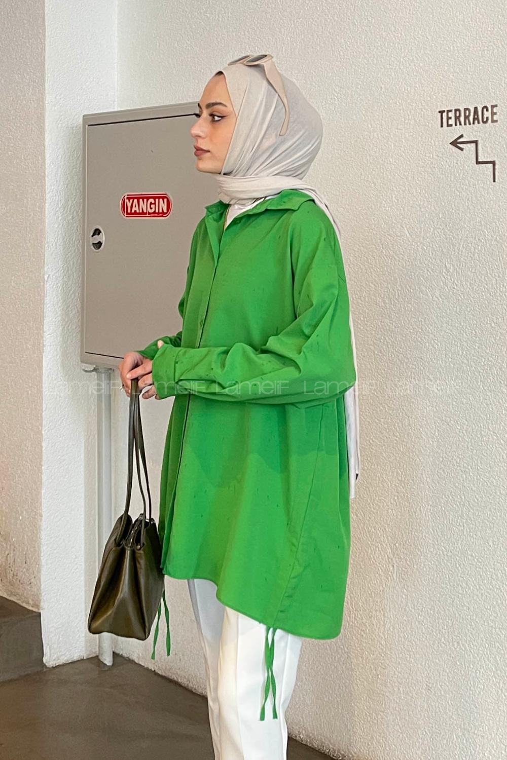 Green Shirt Collar Long Arm Cotton Unprinted Shirt