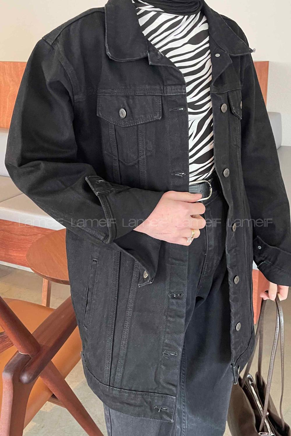 Black Shirt Collar Long Arm Cotton Fabric Denim Jacket