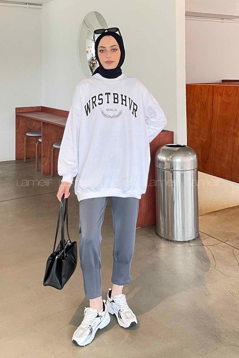 White Medium Crew Neck Long Arm Printed Sweatshirt