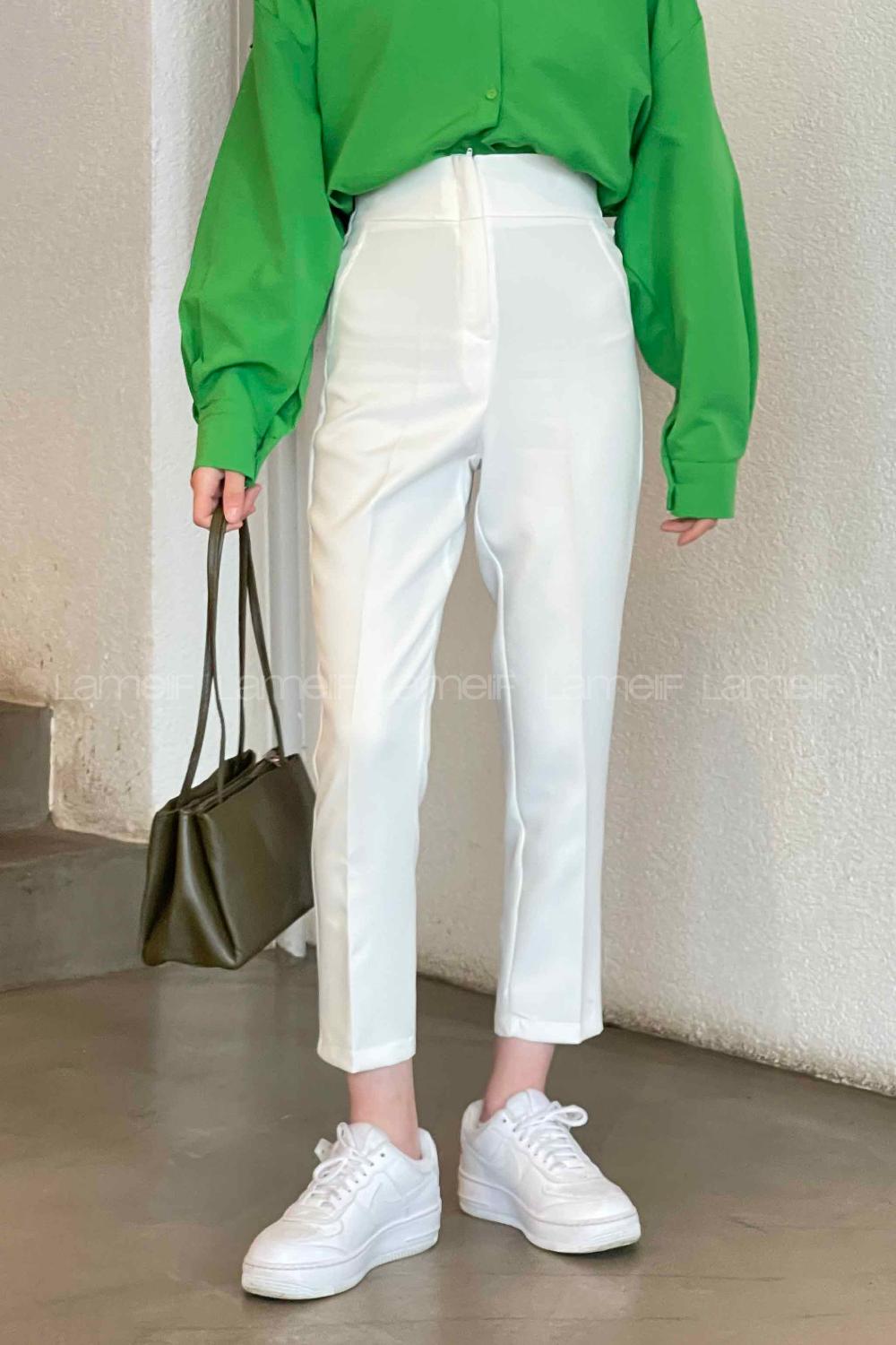 Ecru Cotton Fabric High Waist Comfortable Pants