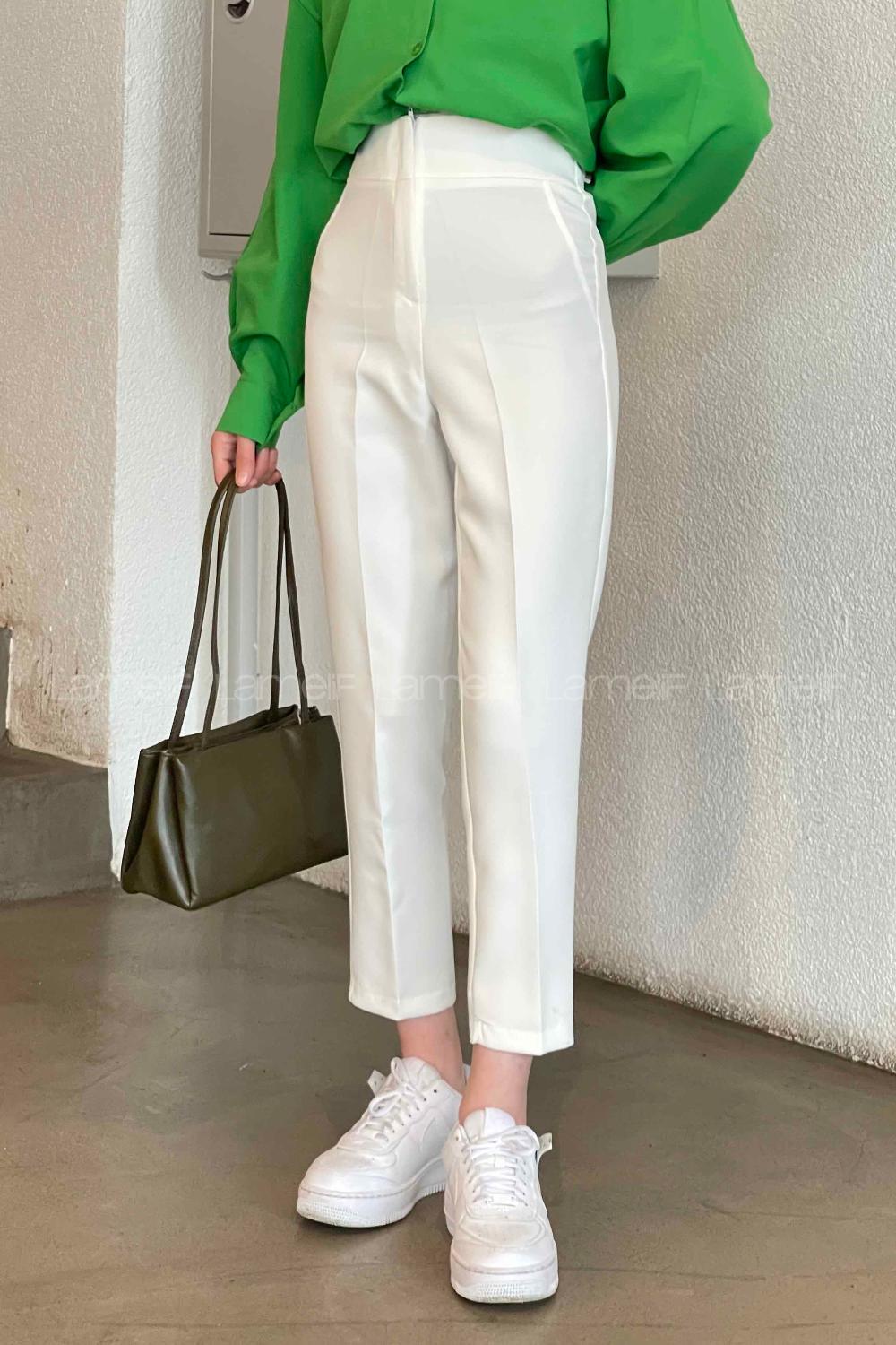 Ecru Cotton Fabric High Waist Comfortable Pants