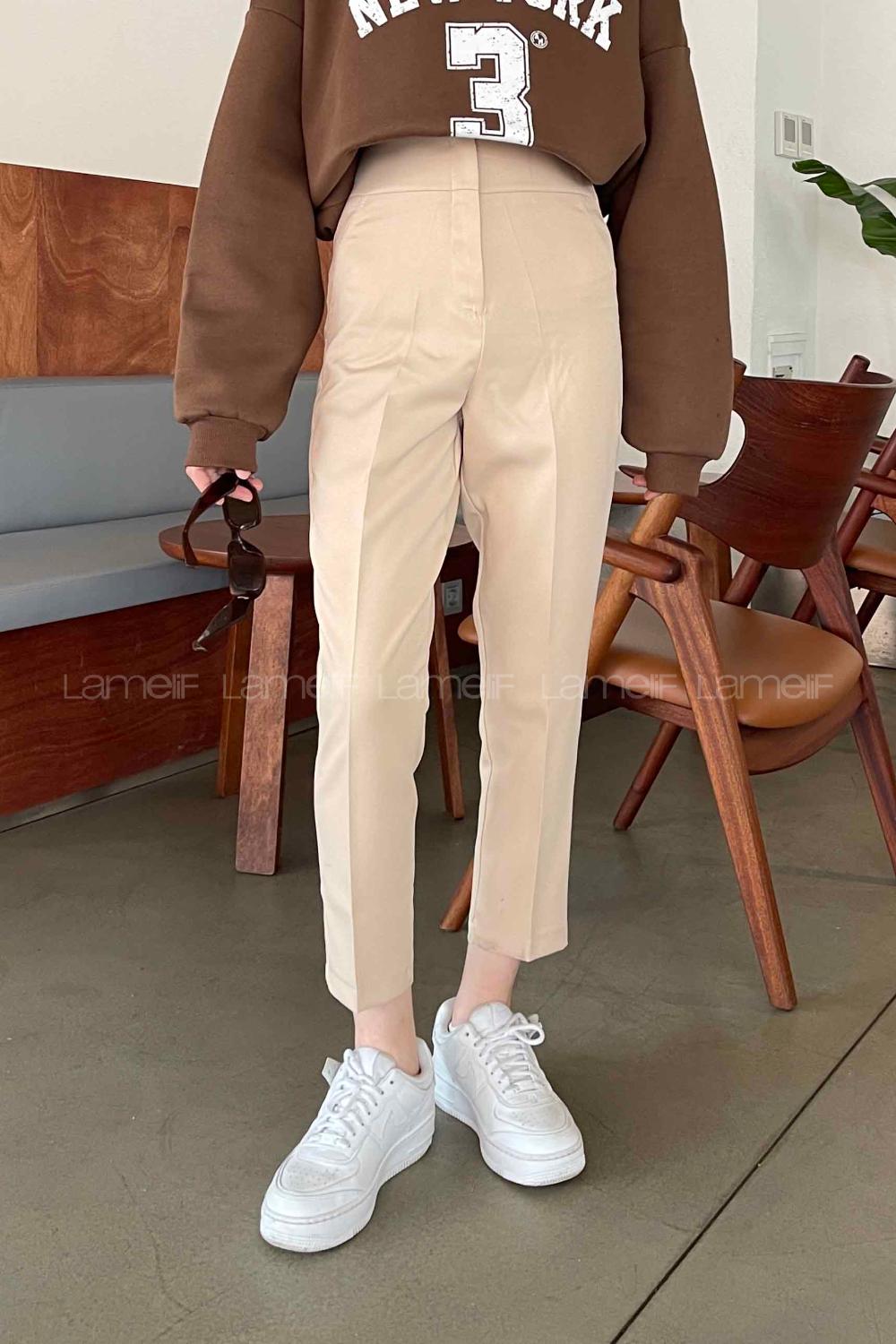 Lamelif Yüksek Bel Gizli Fermuarlı Pantolon Krem