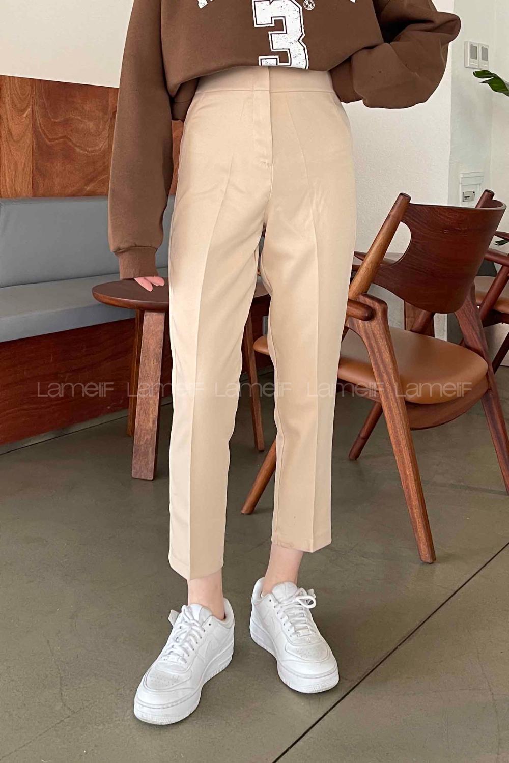 Lamelif Yüksek Bel Gizli Fermuarlı Pantolon Krem