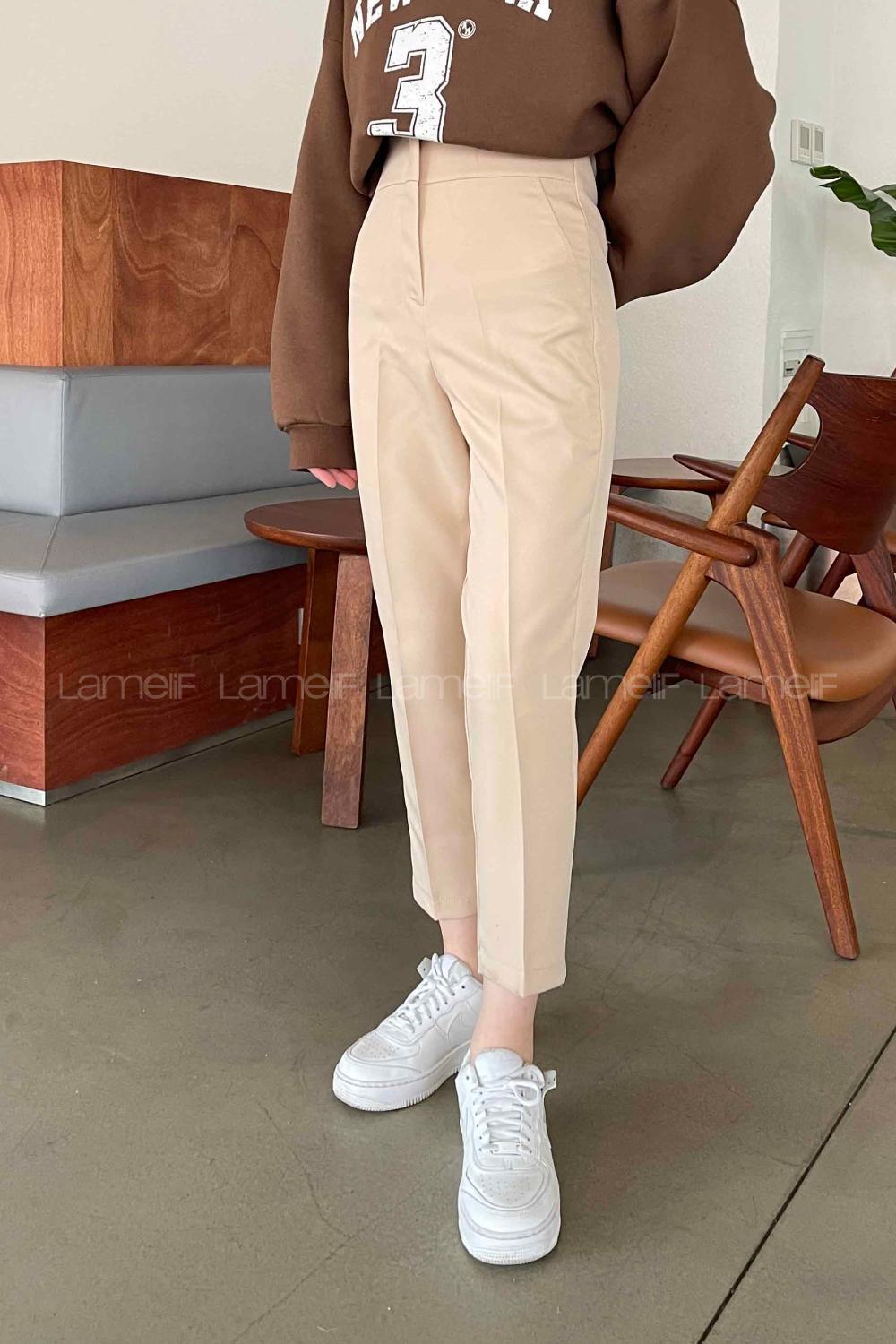 Lamelif Yüksek Bel Gizli Fermuarlı Pantolon Krem