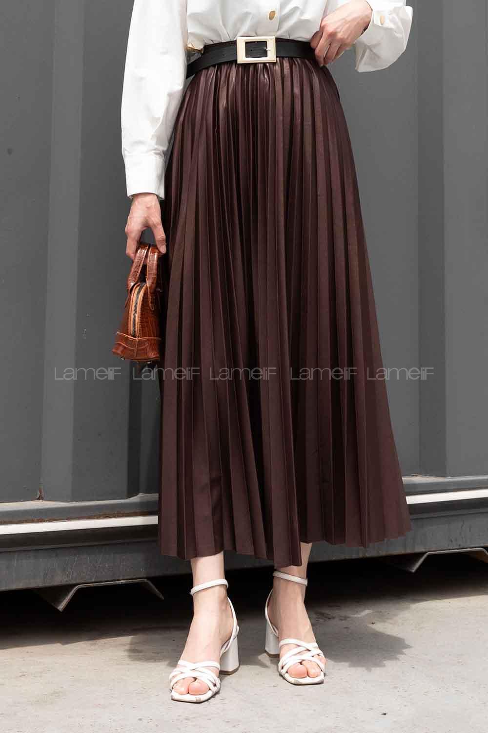 Brown Satin Fabric Unprinted Pleated Skirt