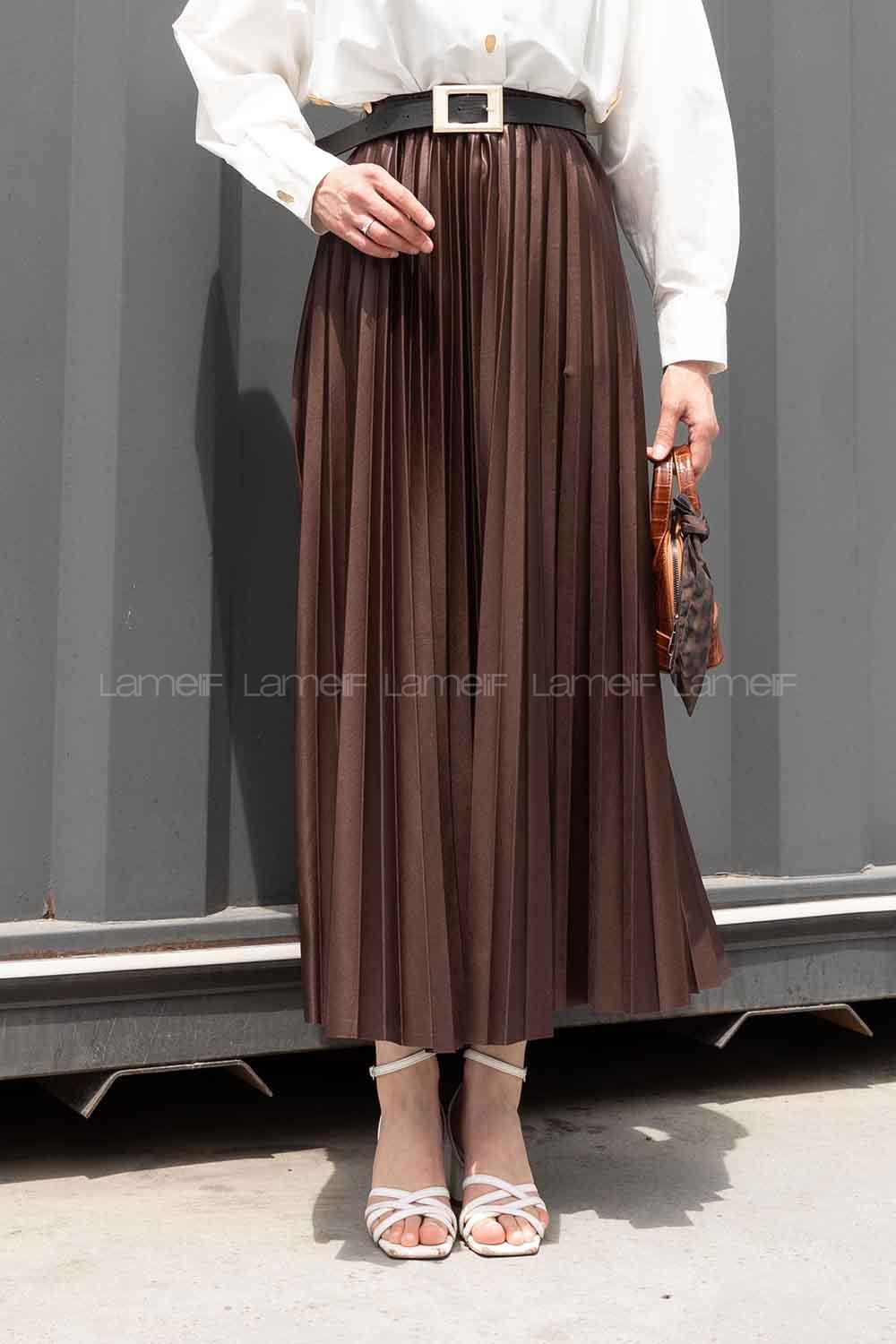 Brown Satin Fabric Unprinted Pleated Skirt