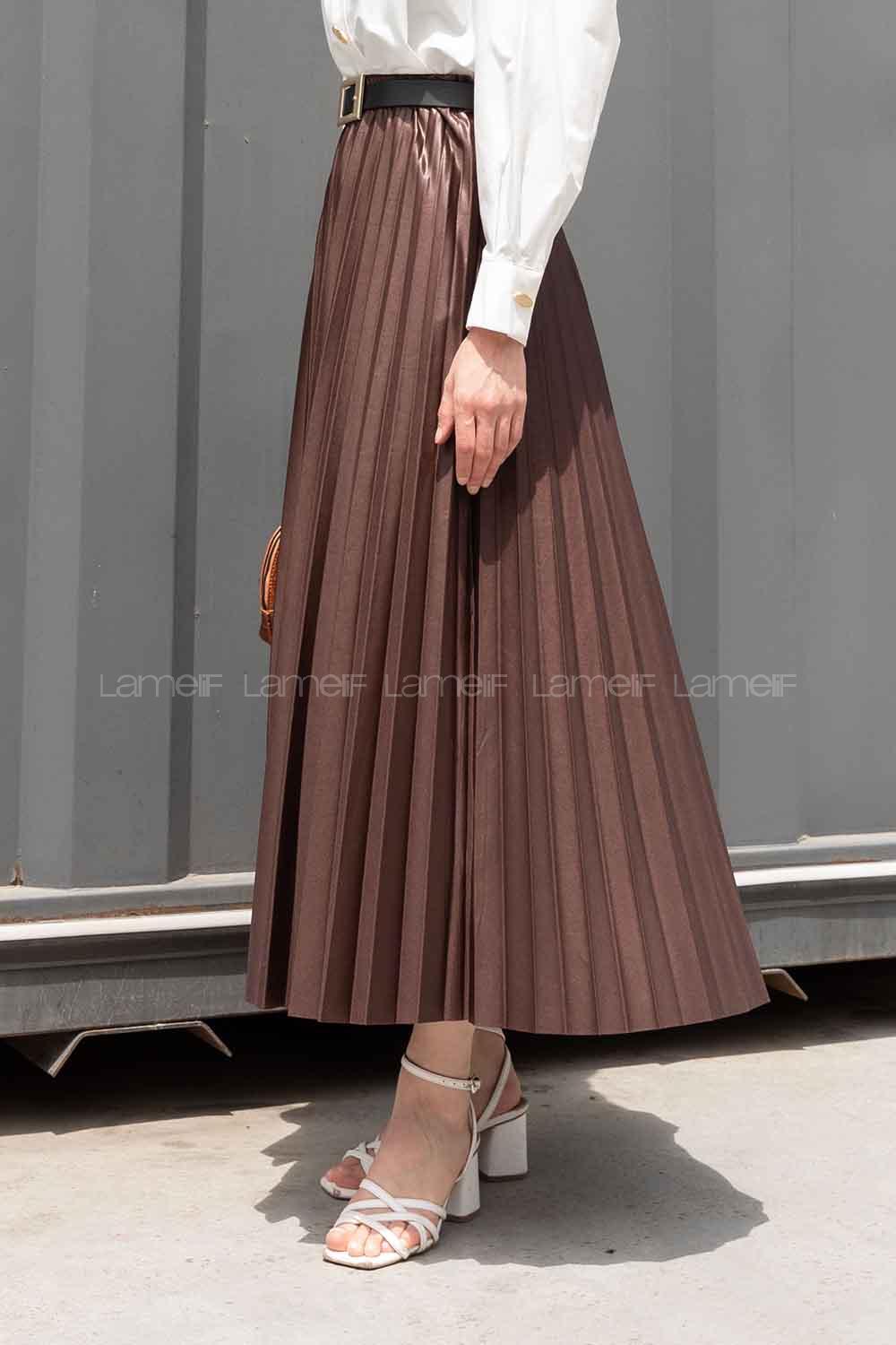 Brown Satin Fabric Unprinted Pleated Skirt