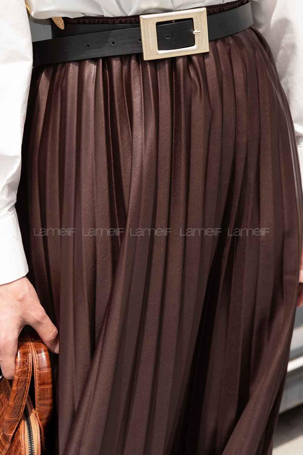 Brown Satin Fabric Unprinted Pleated Skirt