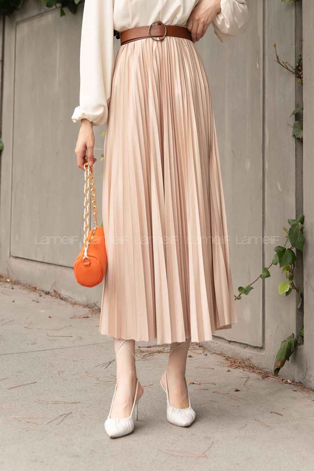 Lamelif Beli Elastik Detaylı Pliseli Etek Vizonrengi