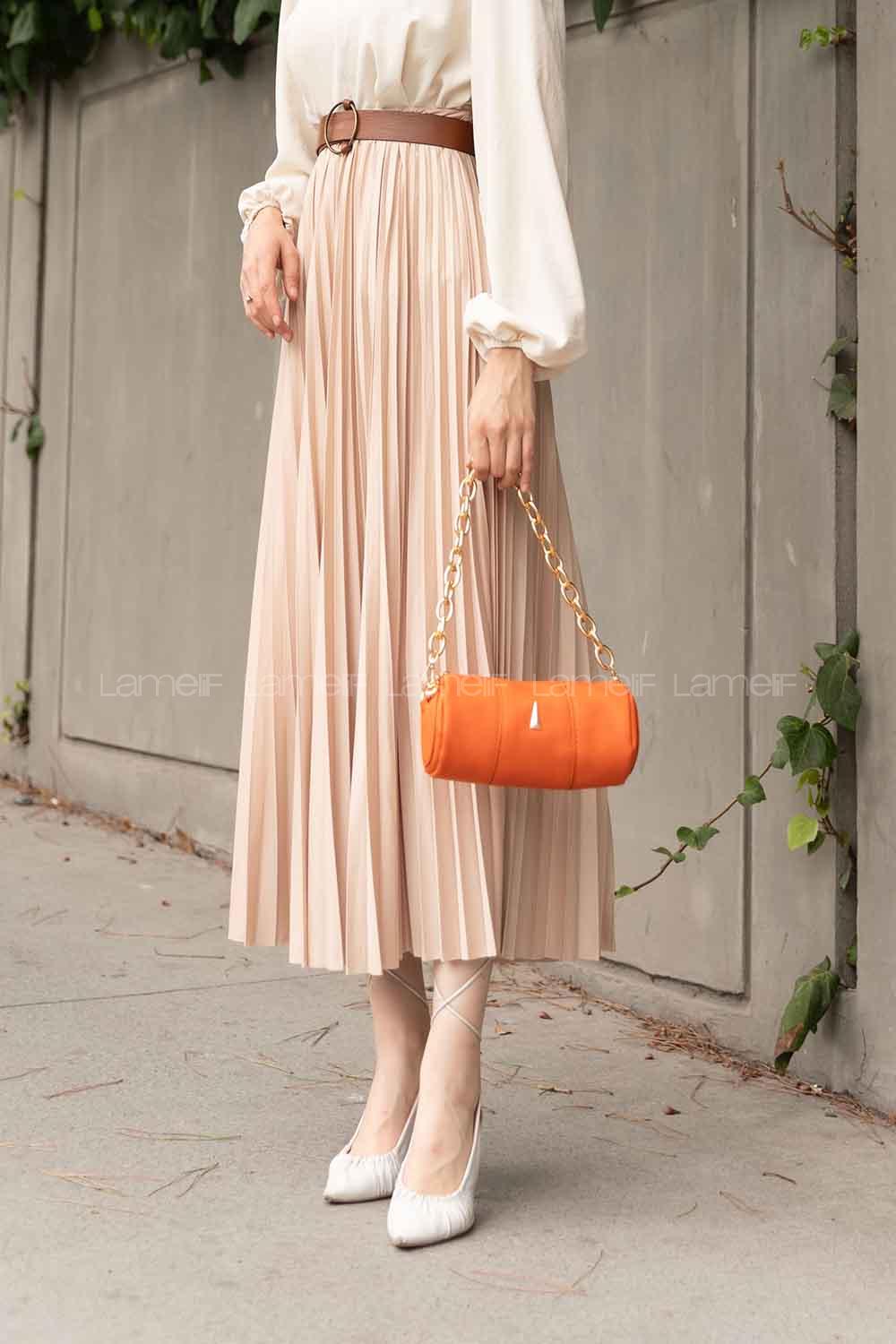 Lamelif Beli Elastik Detaylı Pliseli Etek Vizonrengi