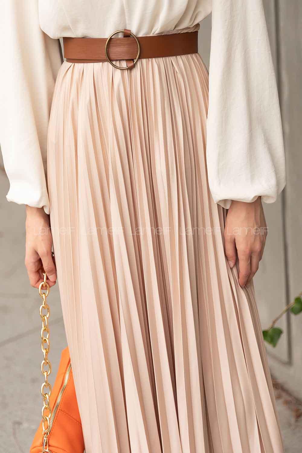 Lamelif Beli Elastik Detaylı Pliseli Etek Vizonrengi