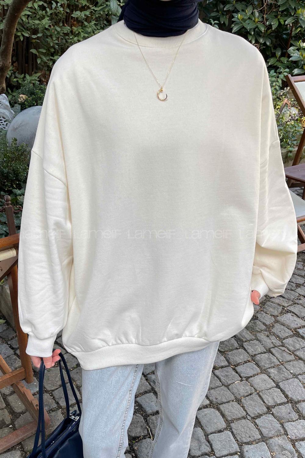 Lamelif Balon Kol Yaka Ve Etek Ucu Manşetli Bol Sweat Ekru